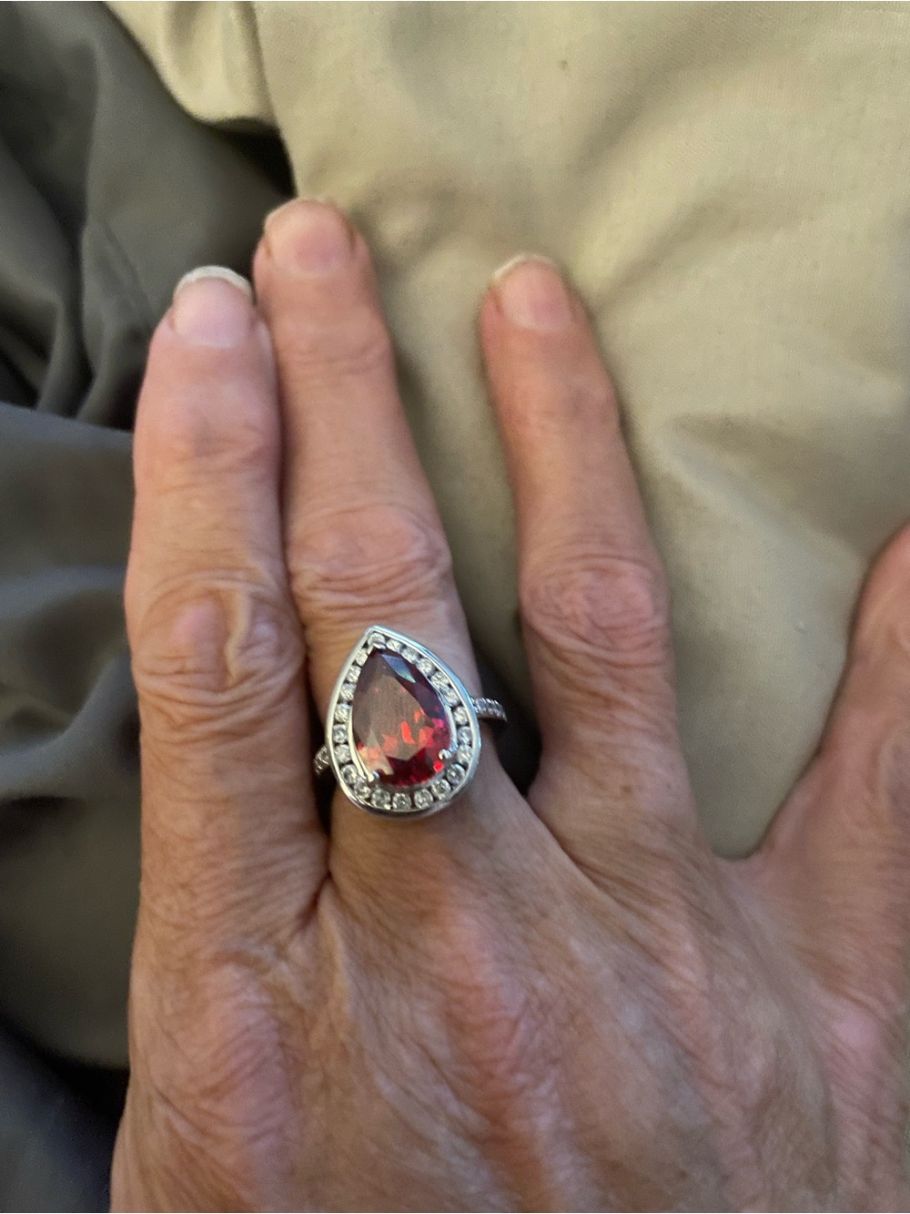 Sterling Silver Teardrop Red stone Ring with Halo Accent size 8
